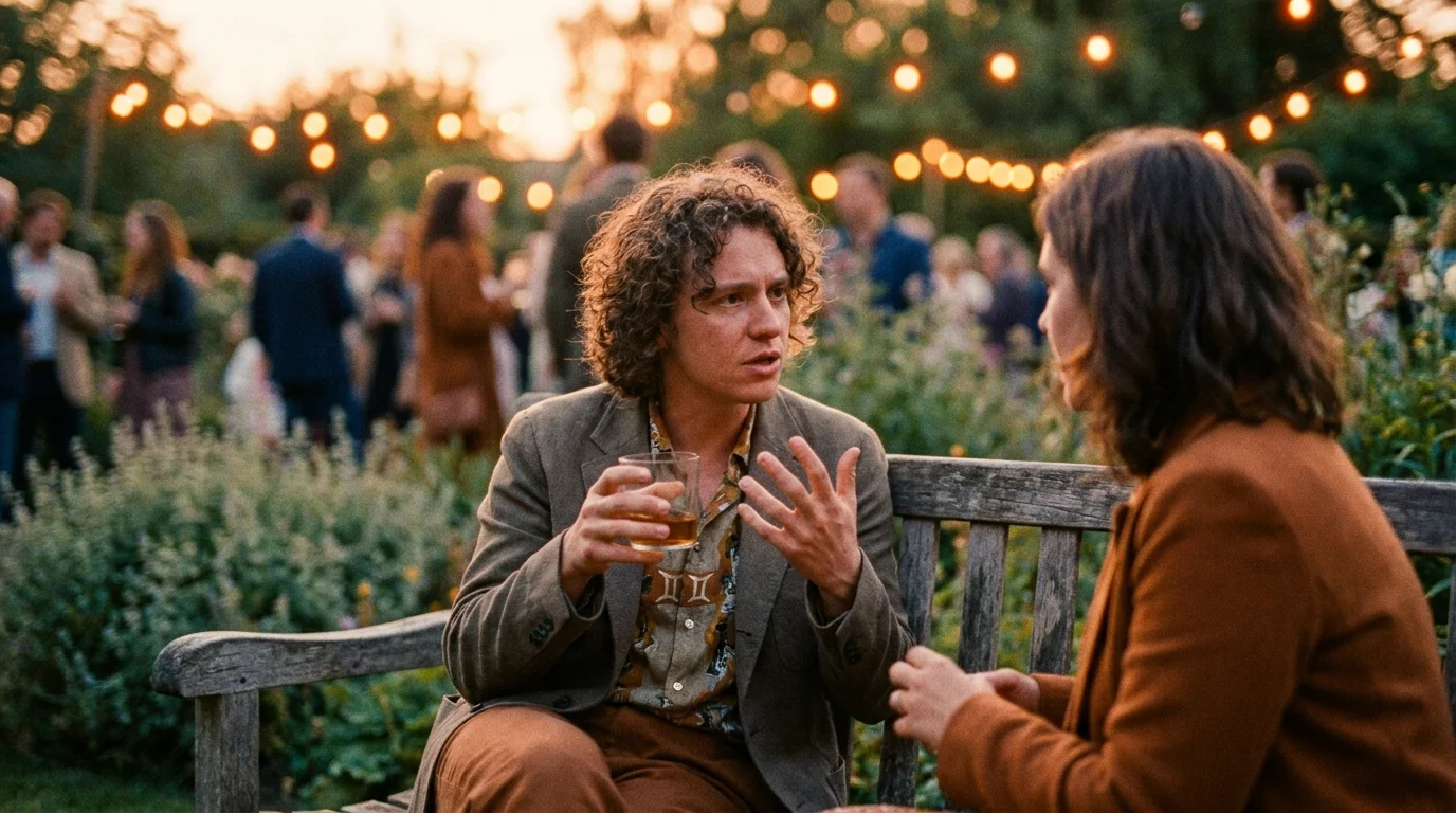 A 35mm film photo of a person at a crowded party ignoring the crowd to focus entirely on their partner.