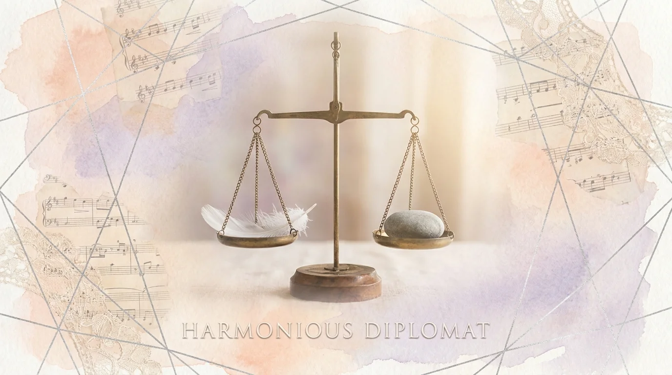 A balanced collage showing scales with a feather and a stone against a soft watercolor background.