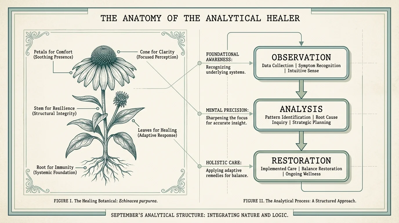 A botanical and analytical diagram connecting healing herbs to a structured process of observation and restoration.