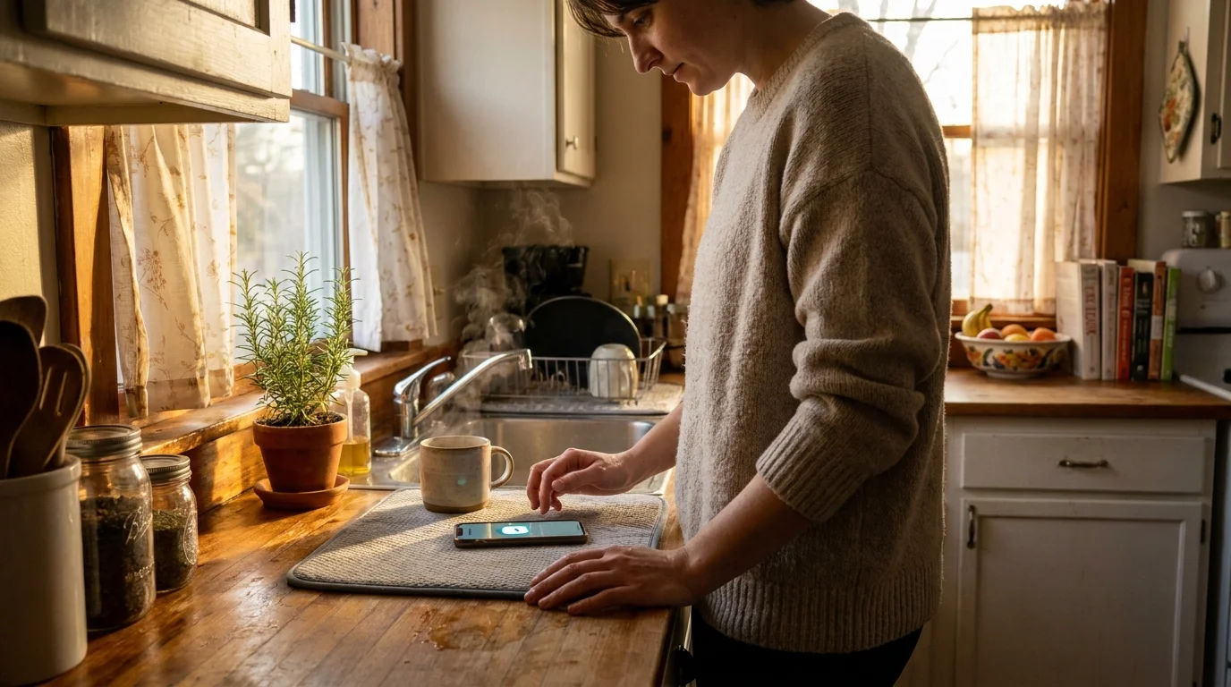 A candid photo of a person in a kitchen pausing to look at a glowing phone notification, capturing a moment of sudden intuition.