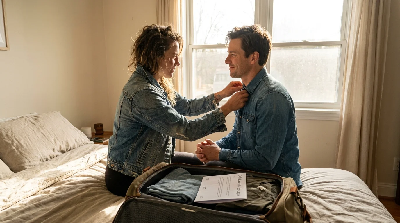 A candid photo of a woman in a denim jacket tenderly fixing her partner's collar while packing for a trip.