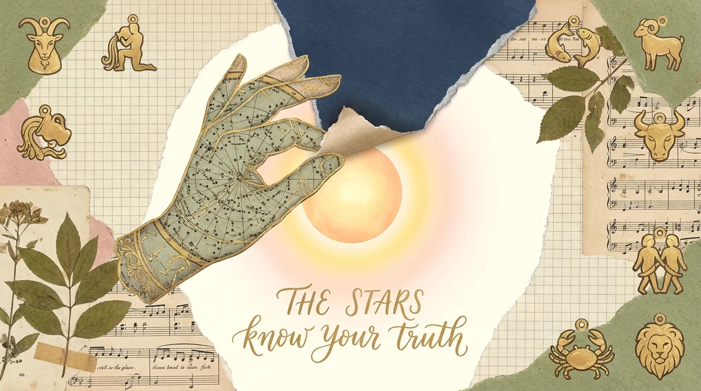 A celestial hand pulling back a paper sky to reveal a sun, surrounded by zodiac icons and the text 'THE STARS KNOW YOUR TRUTH'.