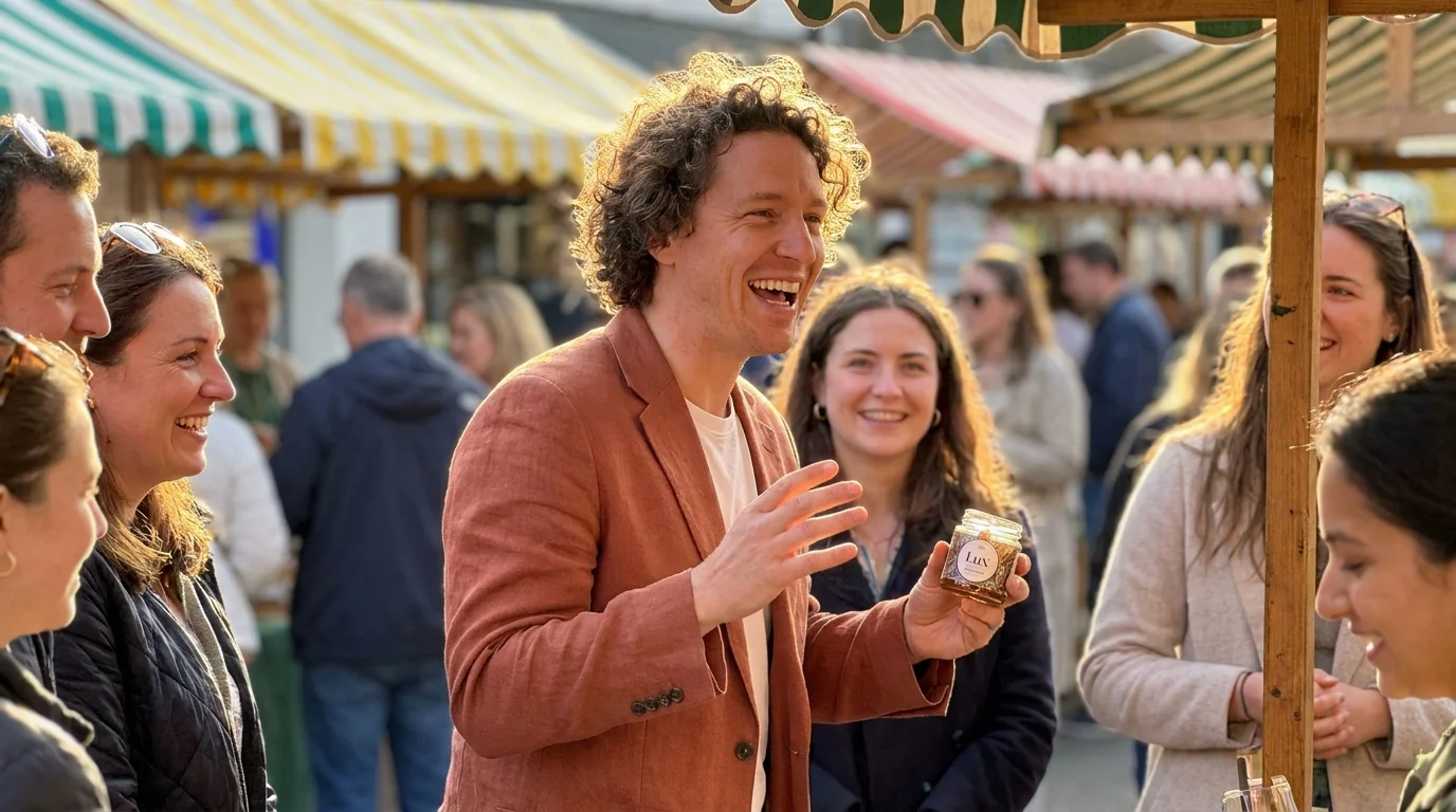 A charismatic business founder engaging with a crowd at a sunny outdoor market.