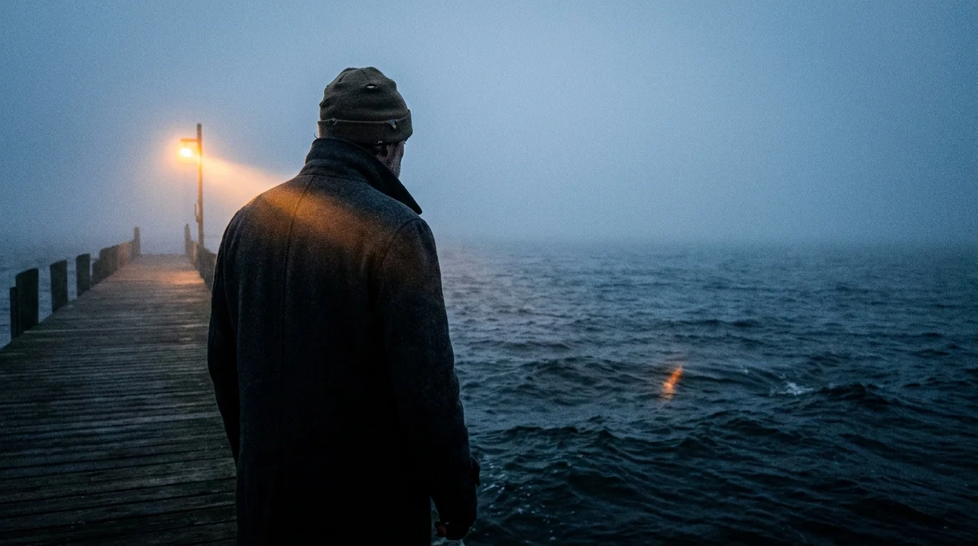 A cinematic photograph of a person standing at a foggy pier at dawn, overlooking dark, rippling water.