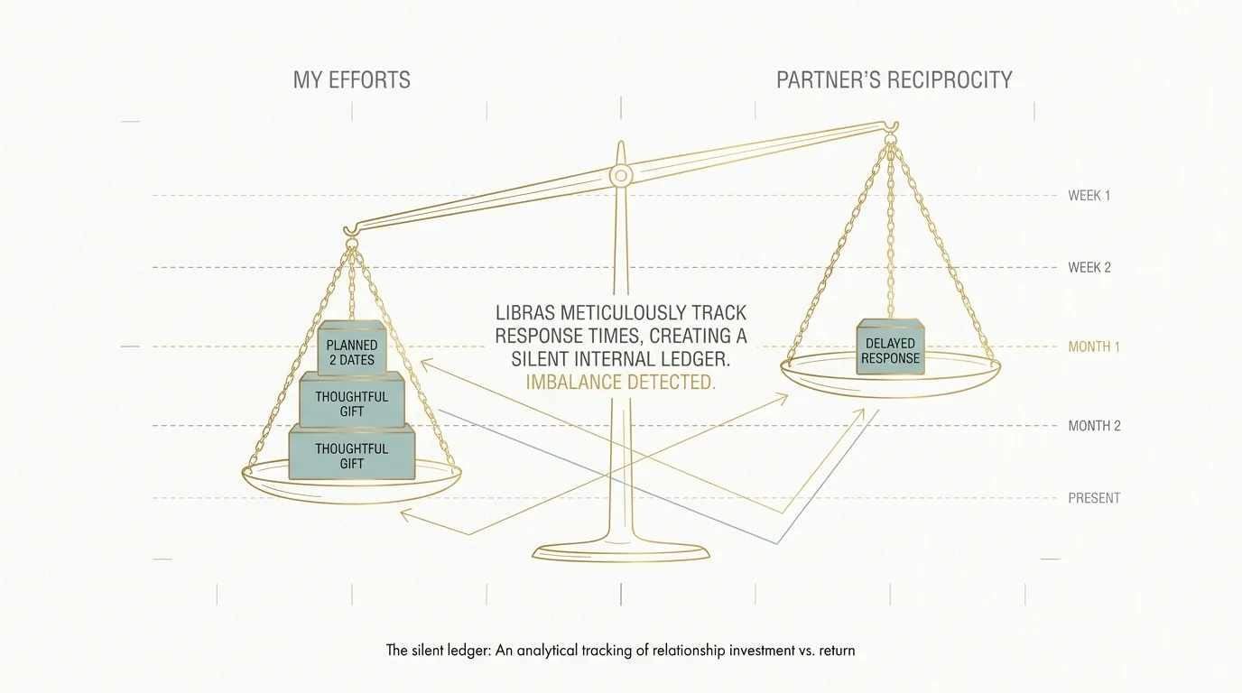 A clean diagram of a scale weighing 'Planned 2 Dates' against a 'Delayed Response,' symbolizing the Libra's internal relationship ledger.