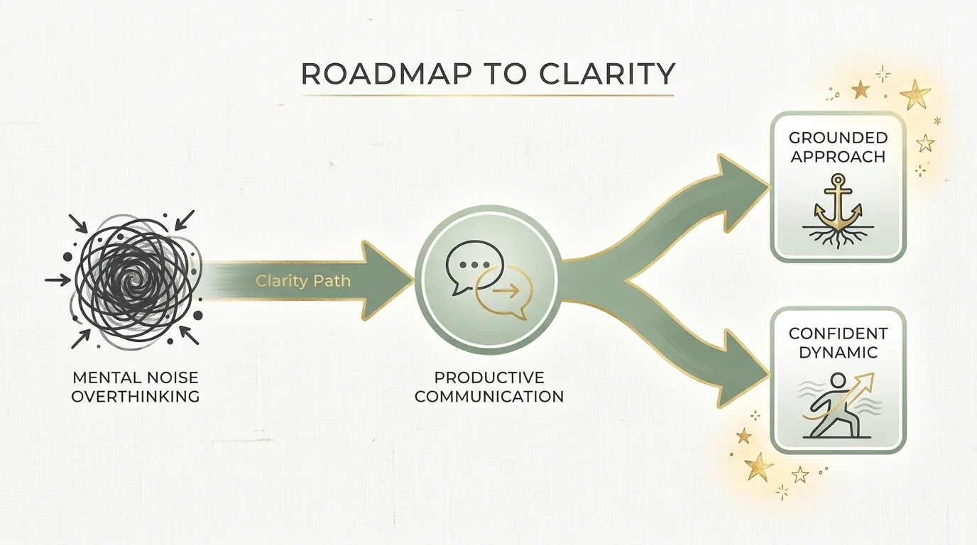 A clean flowchart showing a path from 'Mental Noise' to 'Productive Communication' and ending in a 'Grounded Approach.'