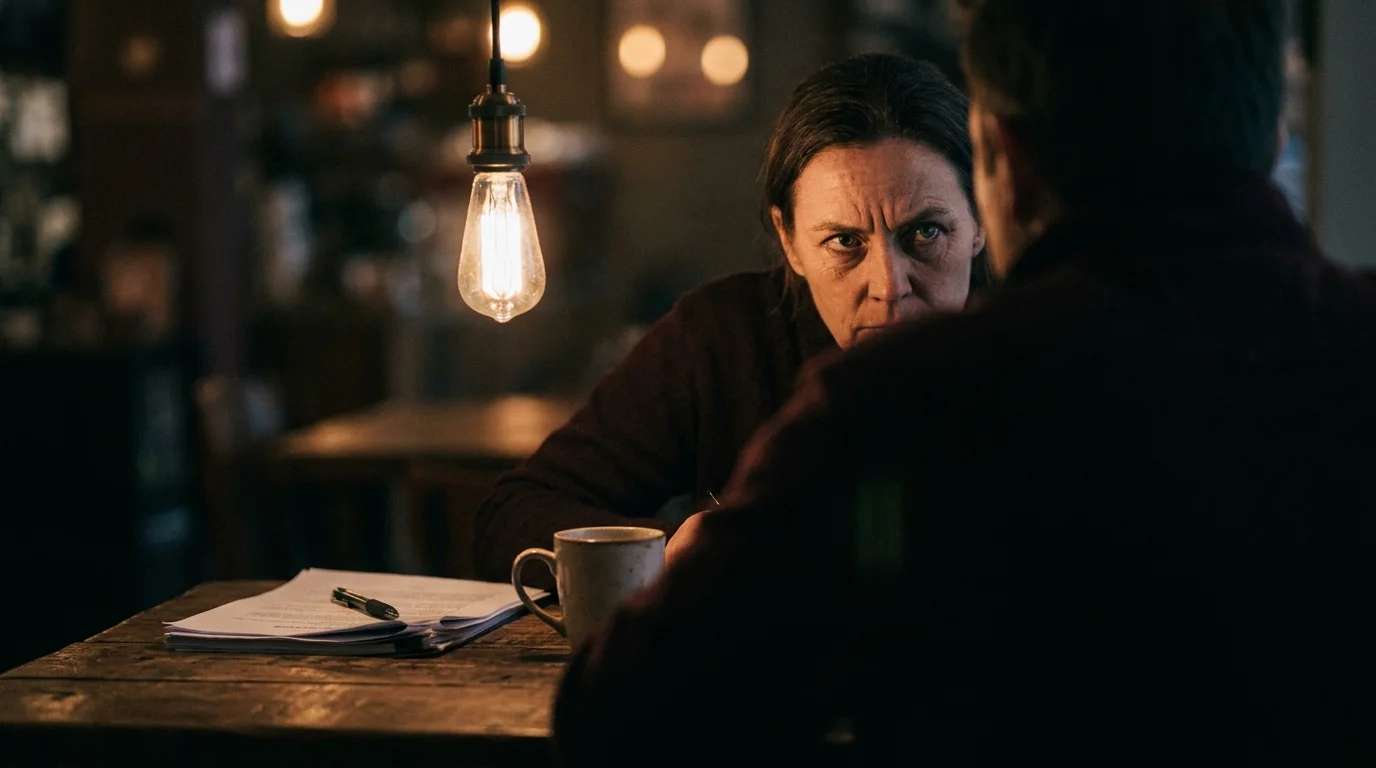 A close-up, moody photo of a person with a sharp, focused gaze across a café table, symbolizing Scorpio's investigative intuition.