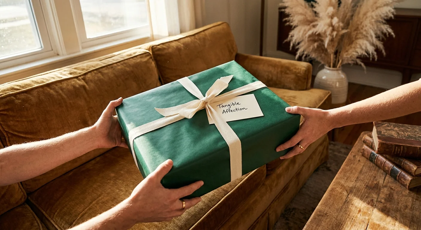 A close-up of hands exchanging a gift box with a tag that reads 'Tangible Affection' in a sunlit living room.