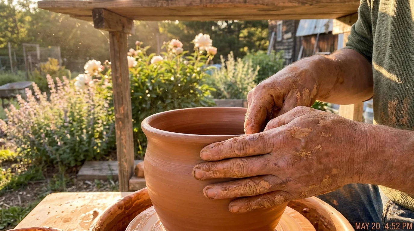A close-up photograph of hands working with clay on a pottery wheel in a sunlit garden studio.