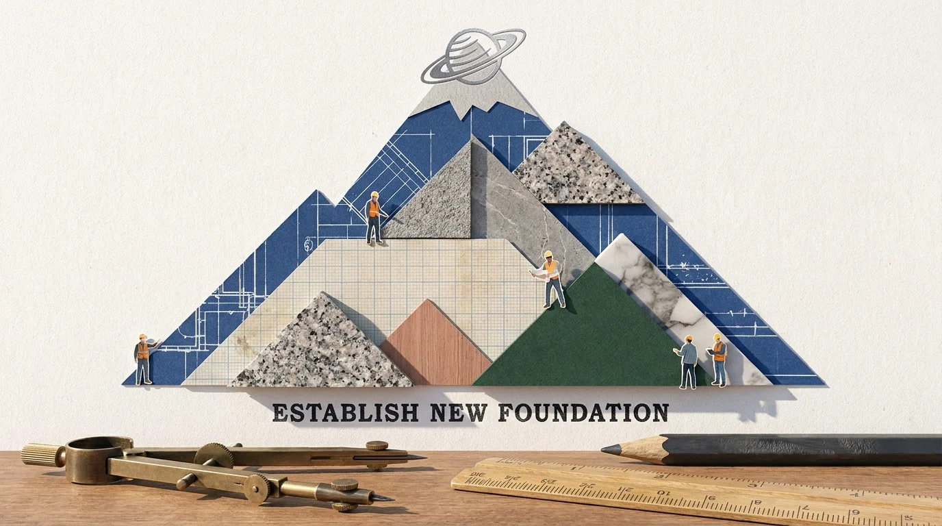 A collage of a mountain made from blueprints and stone textures, representing Capricorn's structured and disciplined approach to starting ov