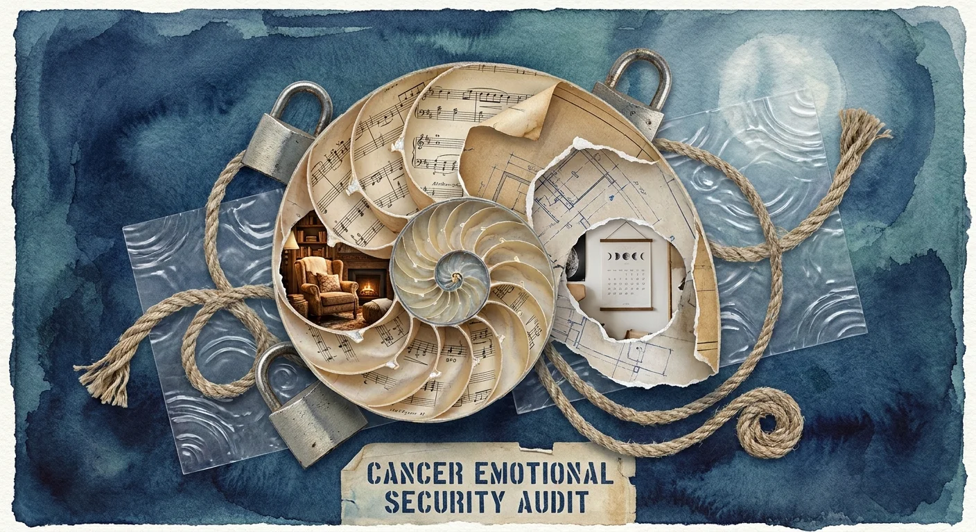 A collage of a nautilus shell reinforced with locks and ropes against an indigo background, representing Cancer's need for security.