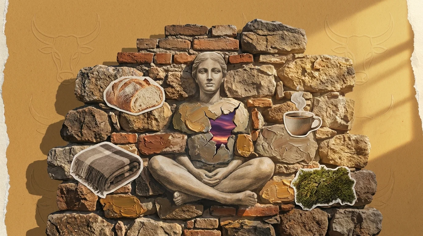 A collage showing a person built into a stone wall made of comfort objects like bread and blankets, hiding a turbulent interior.