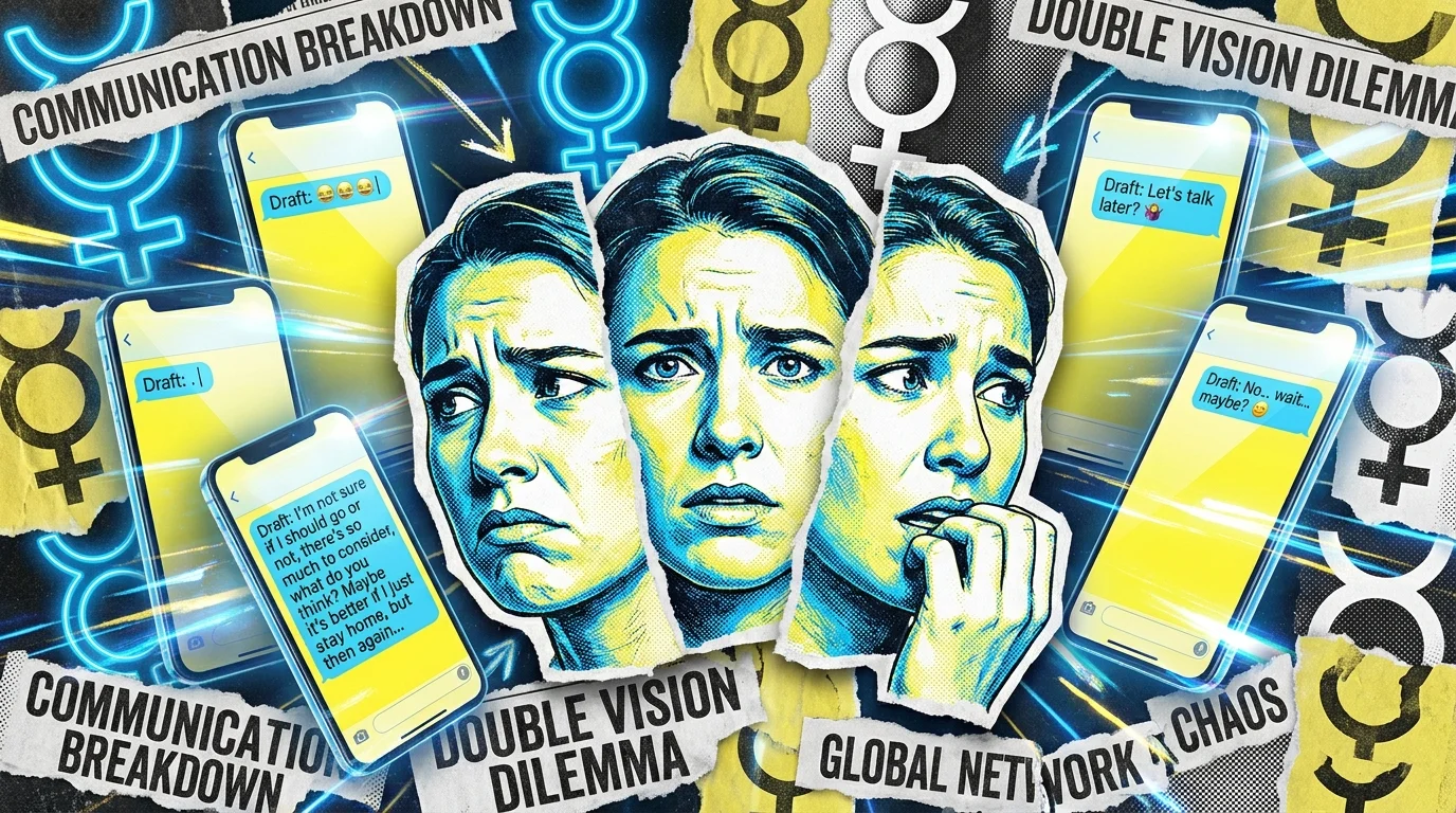 A collage showing multiple faces and various draft text messages, illustrating the Gemini habit of weighing every subtle implication.