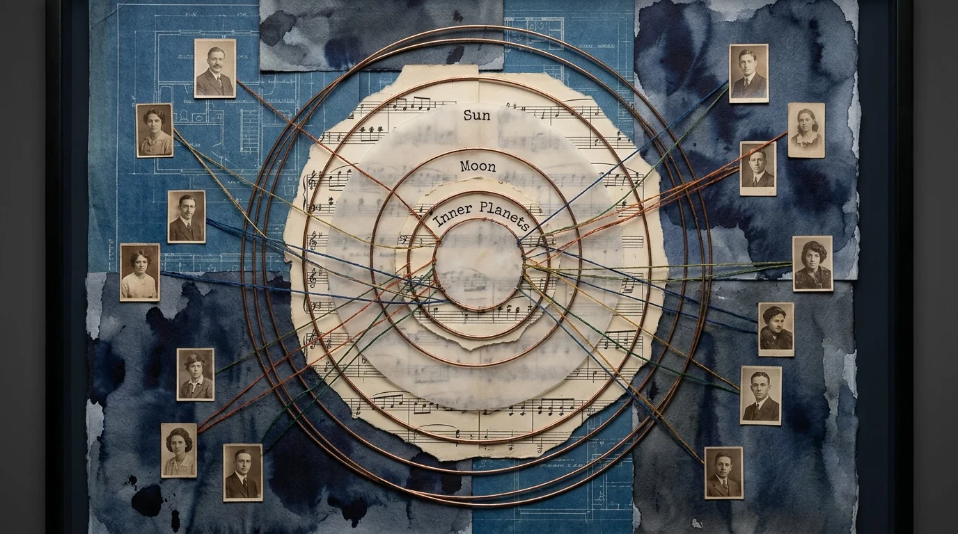 A complex mixed media collage of a deconstructed astrological chart with layers of vellum, thread, and ink labels.