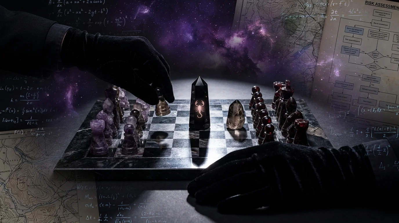 A dark, strategic collage of a chess board with gemstone pieces and a Scorpio emblem under a spotlight.