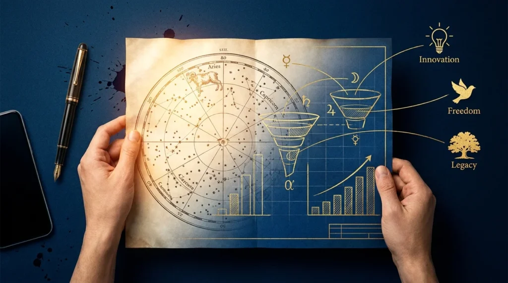 A digital collage of a celestial star chart merging with a modern business blueprint, held by human hands.