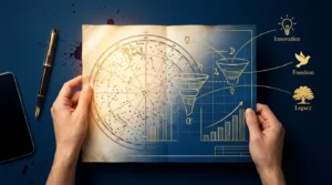 A digital collage of a celestial star chart merging with a modern business blueprint, held by human hands.