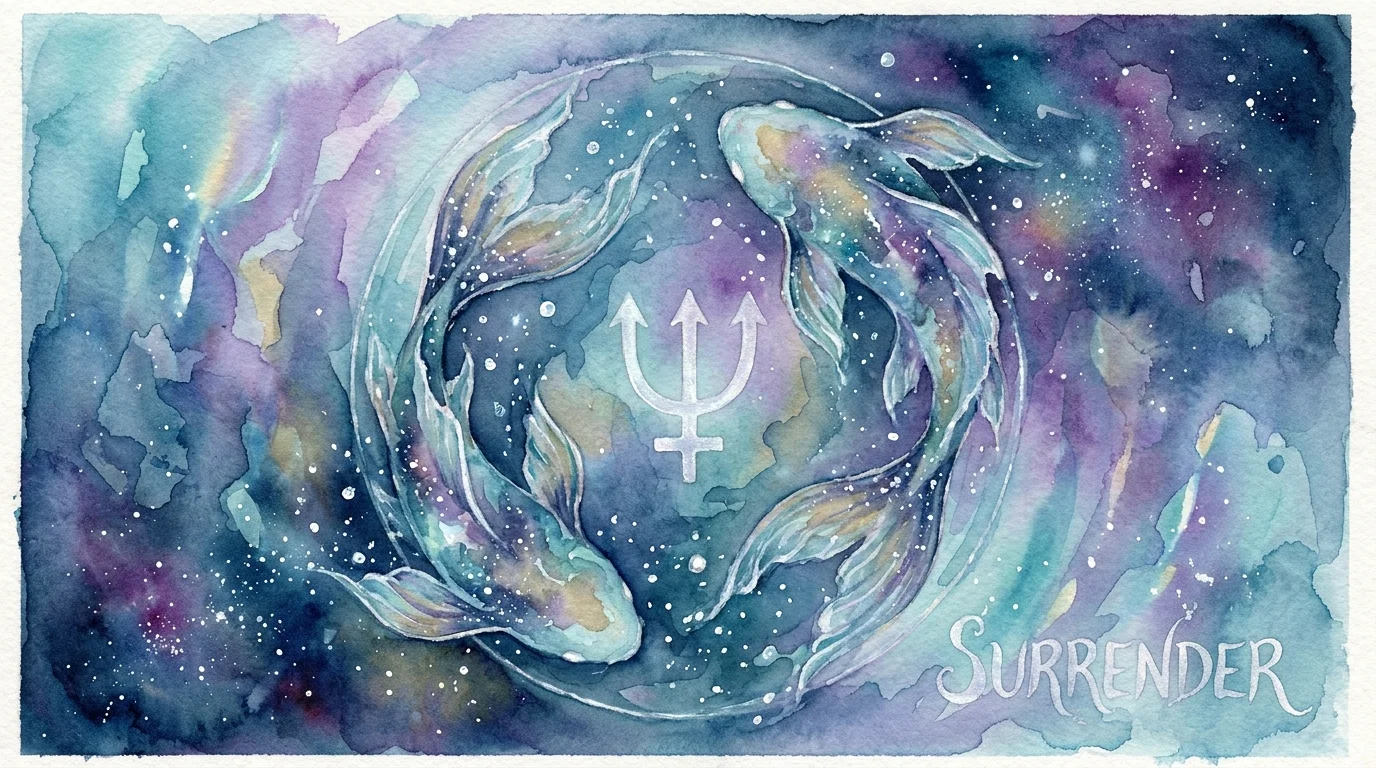 A dreamlike watercolor of two fish dissolving into a sea of stars, representing the Pisces ability to surrender and transform.