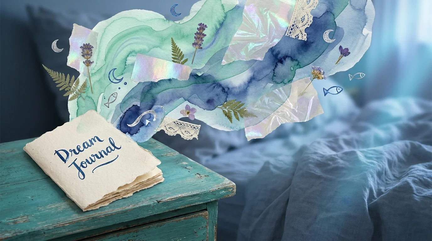 A dreamy mixed media collage featuring a 'Dream Journal' on a nightstand surrounded by ethereal watercolor washes and seafoam textures.