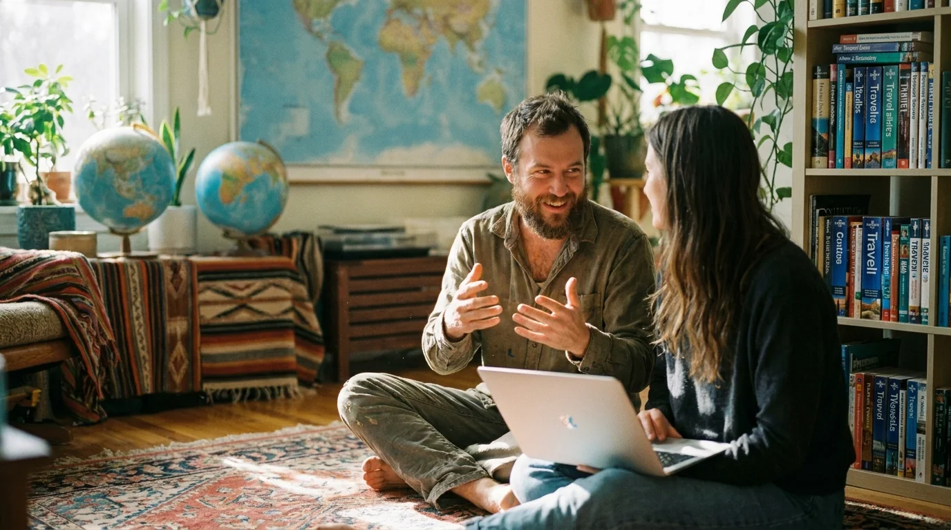 A film photo of a man known for traveling sitting on the floor at home, deeply engaged in conversation with his partner.