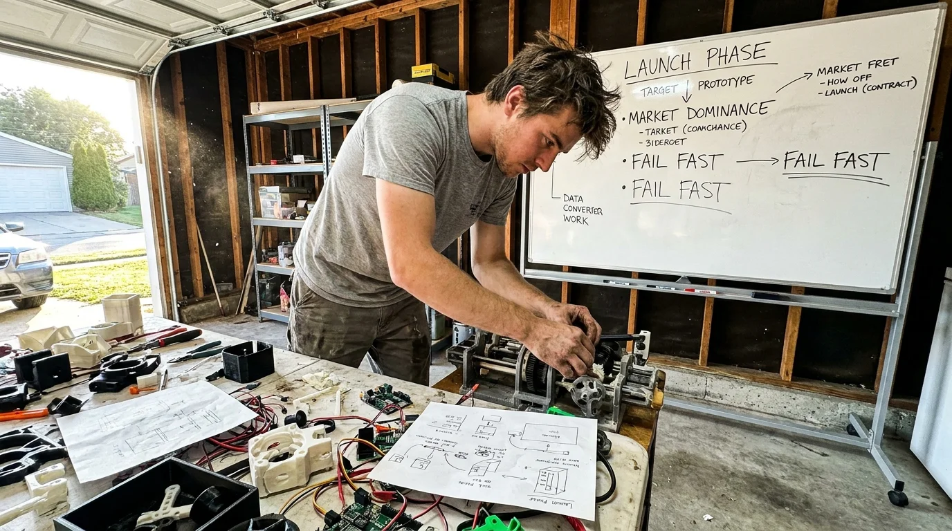 A focused entrepreneur working on a prototype in a messy garage with the words 'Launch Phase' visible on a whiteboard.