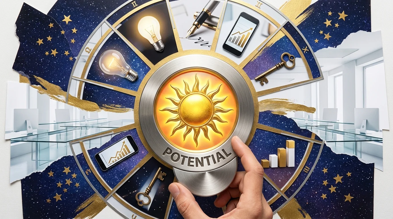 A glowing golden zodiac wheel featuring business icons like a lightbulb and a bar graph, with a hand turning a dial.