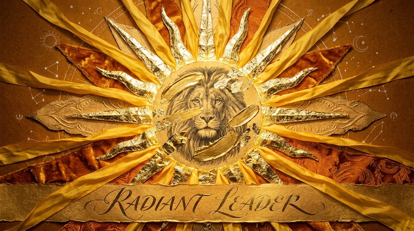 A golden collage featuring a sun with a lion's mane and gold leaf rays, symbolizing radiant leadership.