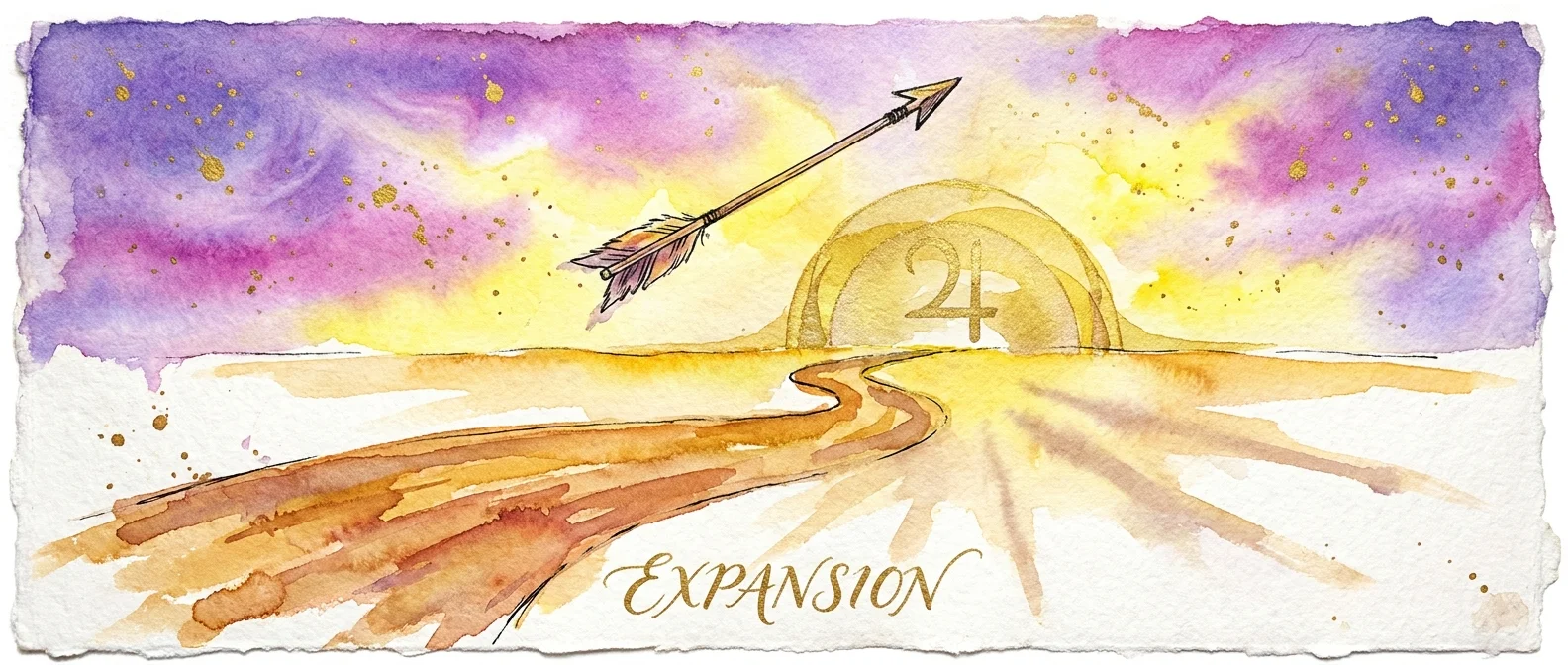 A golden watercolor landscape featuring a winding road and an arrow flying toward a rising sun, symbolizing Sagittarius optimism.