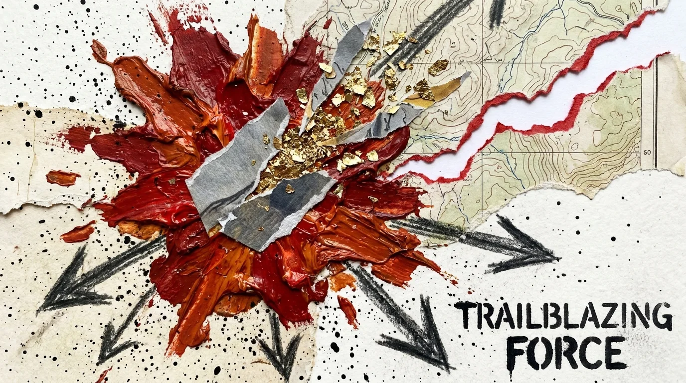 A high-energy collage featuring red oil paint splashes, golden sparks, and topographical maps being torn by a new path.