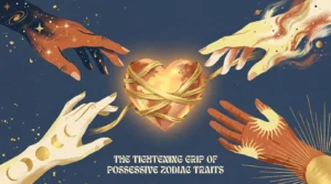 A mid-century gouache illustration of four cosmic hands reaching for a glowing heart planet wrapped in golden ribbons.