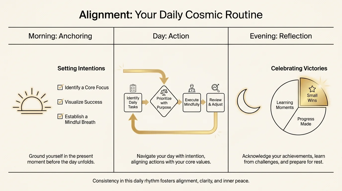 A minimalist diagram showing a three-part daily routine for morning anchoring, daytime action, and evening reflection.