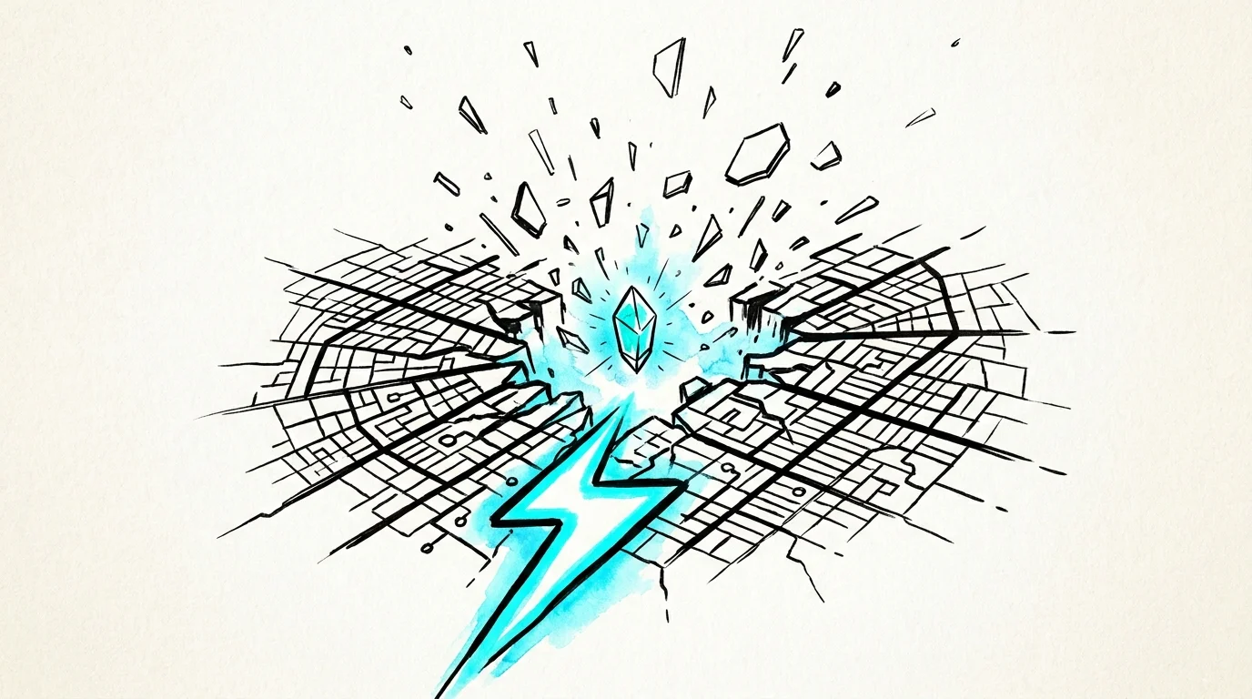 A minimalist illustration of a neon lightning bolt breaking a traditional grid to reveal a futuristic crystal.