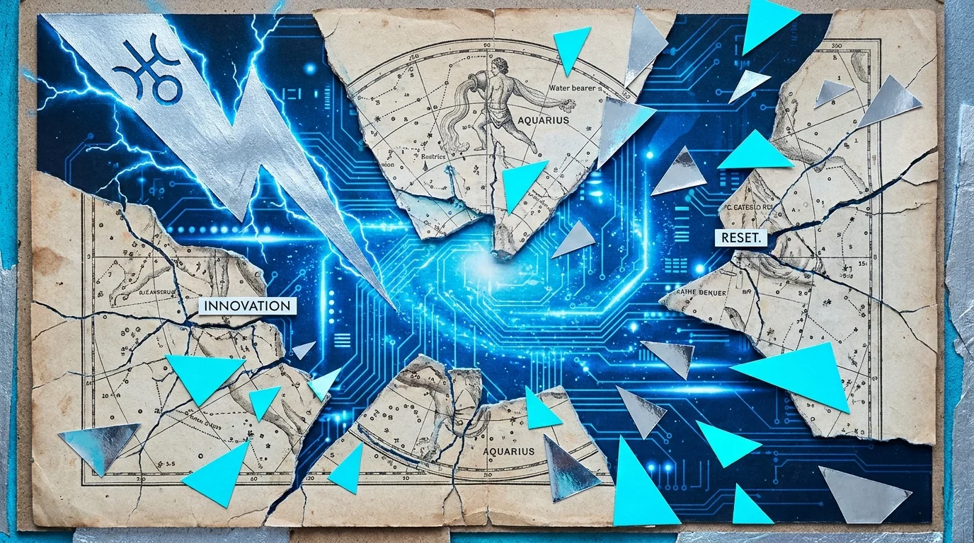 A mixed media artwork showing an old star map breaking away to reveal a glowing blue digital grid, symbolizing Aquarius innovation.