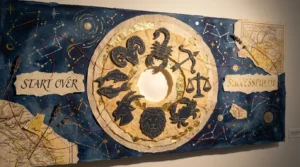 A mixed media collage featuring a golden cosmic portal and paper silhouettes of zodiac signs, symbolizing the art of starting over.