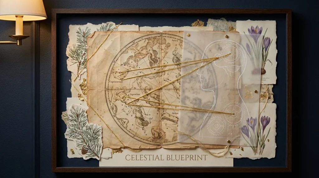 A mixed-media collage featuring a star chart, golden threads connecting constellations to a human silhouette, and seasonal botanical element