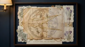 A mixed-media collage featuring a star chart, golden threads connecting constellations to a human silhouette, and seasonal botanical element