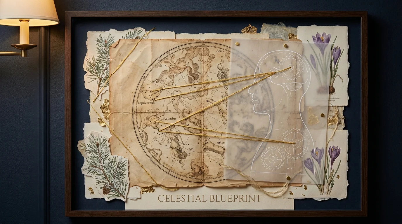 A mixed-media collage featuring a star chart, golden threads connecting constellations to a human silhouette, and seasonal botanical element