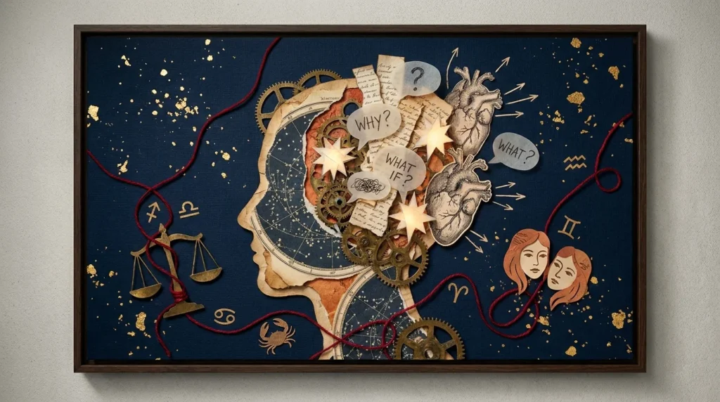 A mixed media collage of a human head filled with clockwork, celestial maps, and tangled red threads, symbolizing zodiac overthinking.