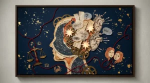 A mixed media collage of a human head filled with clockwork, celestial maps, and tangled red threads, symbolizing zodiac overthinking.