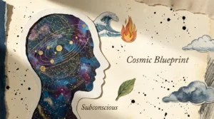 A mixed media collage of a human silhouette filled with vintage star maps and cosmic nebulae, representing the subconscious blueprint.