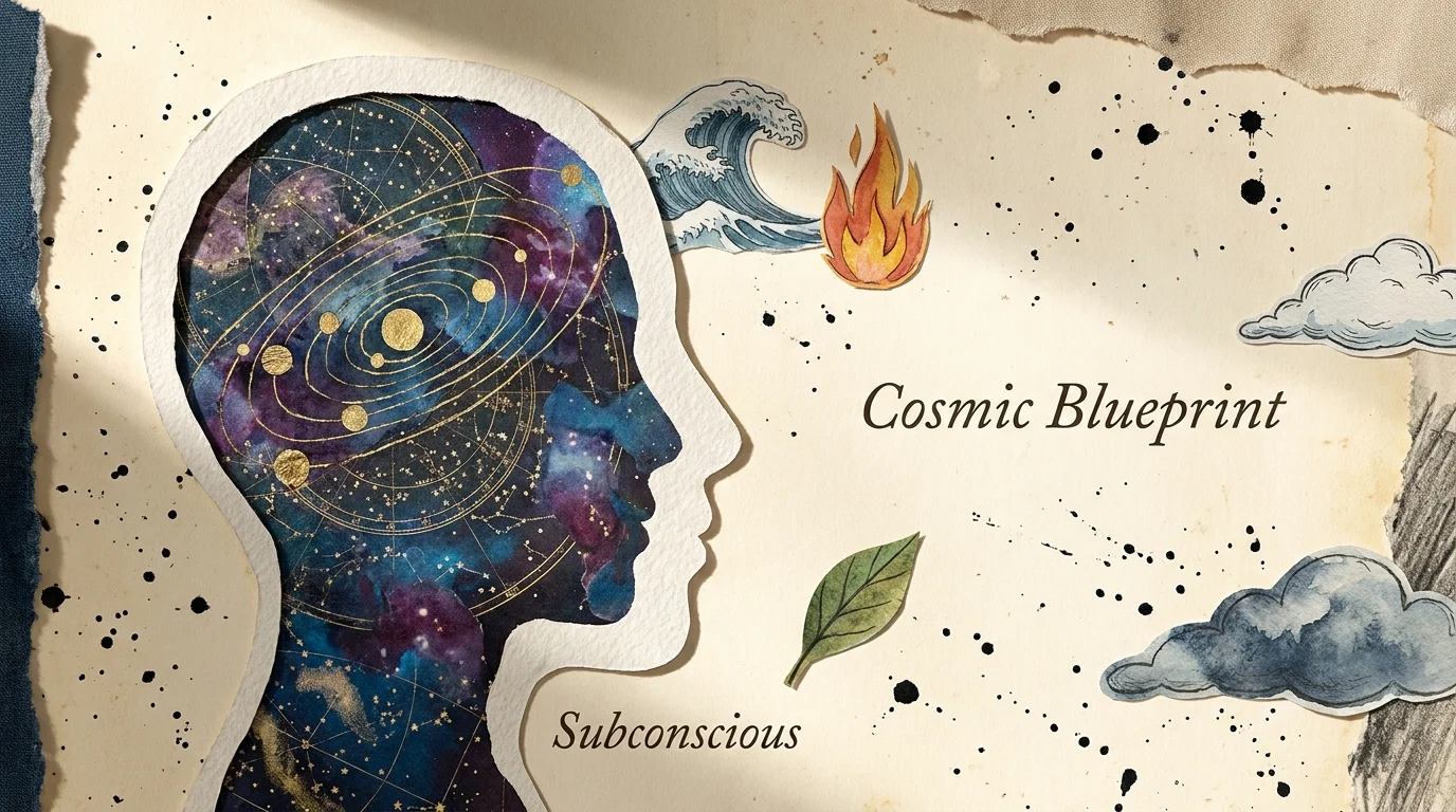A mixed media collage of a human silhouette filled with vintage star maps and cosmic nebulae, representing the subconscious blueprint.