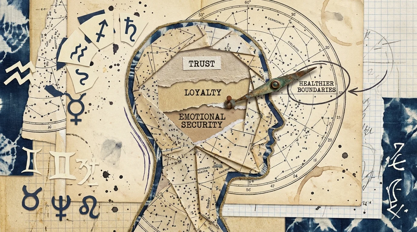 A mixed-media collage of star charts and labels like 'Trust' and 'Loyalty' forming a human profile.