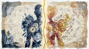 A mixed media collage showing a silhouette transforming from sharp blue geometric shapes into warm, floral watercolor patterns.
