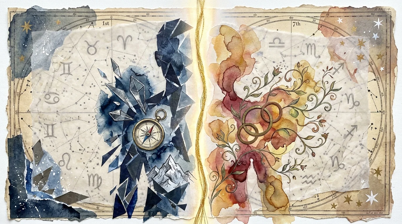 A mixed media collage showing a silhouette transforming from sharp blue geometric shapes into warm, floral watercolor patterns.