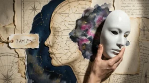 A mixed media collage showing a vintage star-chart face holding a mask away to reveal a swirling cosmic nebula, labeled 'I AM FINE'.