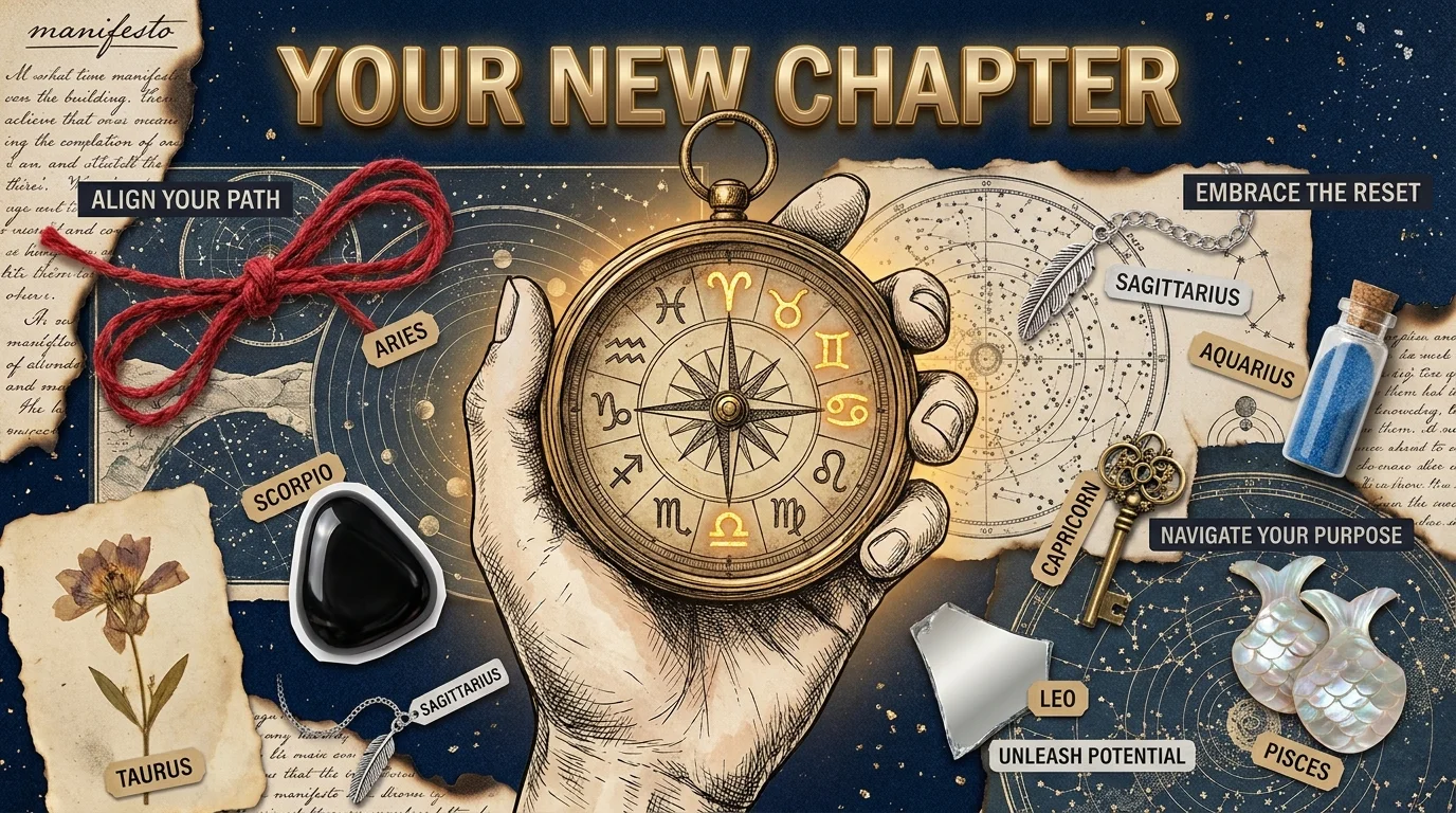 A mixed media image of a hand holding a zodiac compass surrounded by symbolic tools, representing the practical application of astrology.