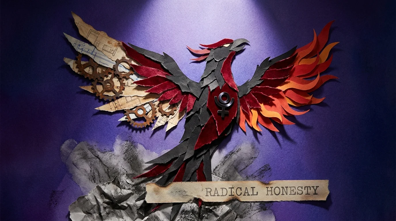 A paper-craft collage of a dark phoenix rising from grey ash, representing Scorpio's process of total reinvention.