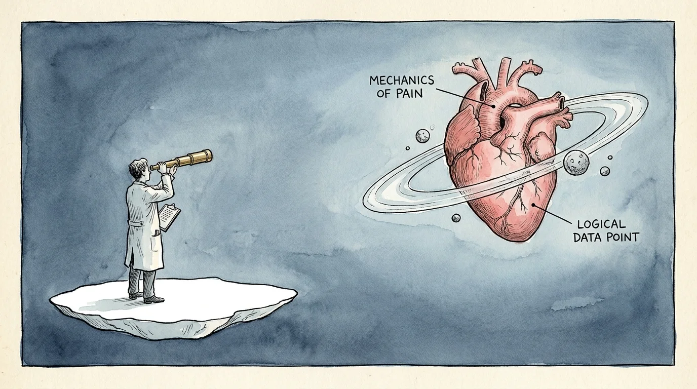 A person in a lab coat using a telescope to study their own heart as if it were a distant planet, with logical labels.