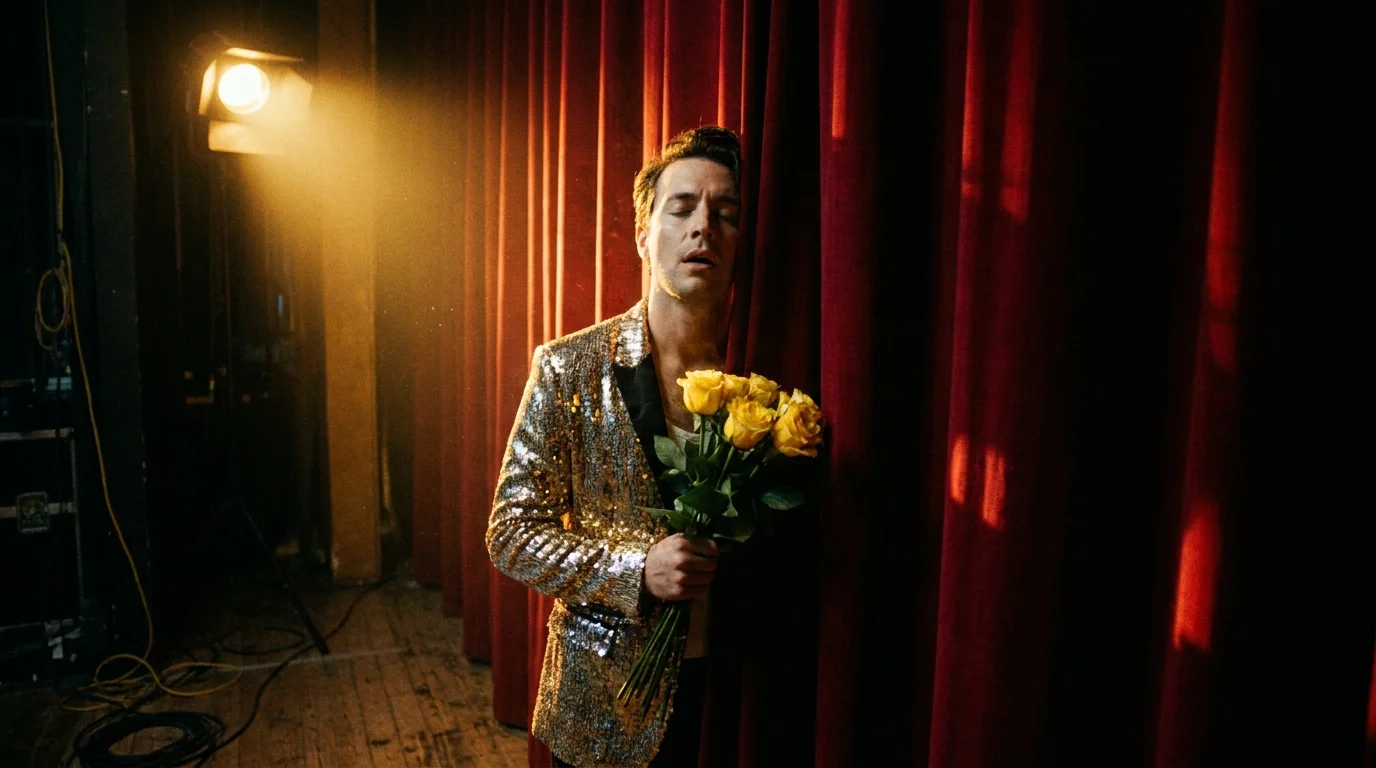 A person in a sequined costume standing behind a theater curtain, taking a weary breath before stepping into the spotlight.