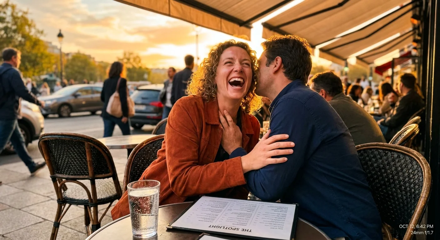A person laughs at a café table during sunset, being the center of attention while their partner whispers to them.